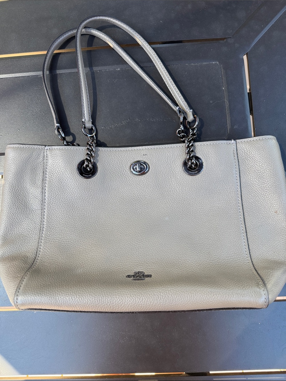 Coach Pebbled Gray Leather Chain-Handle Shoulder Bag